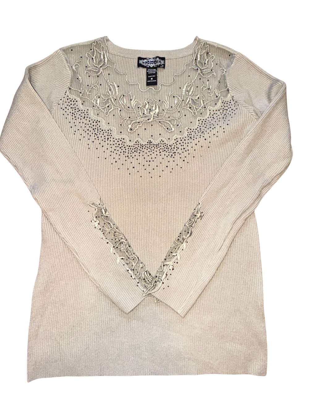 Oliver.O Anthropologie Rhinestone Lace Embellished Beige Sweater M